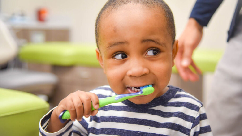 Child's first dentist visit brushing their teeth. preventive dentistry